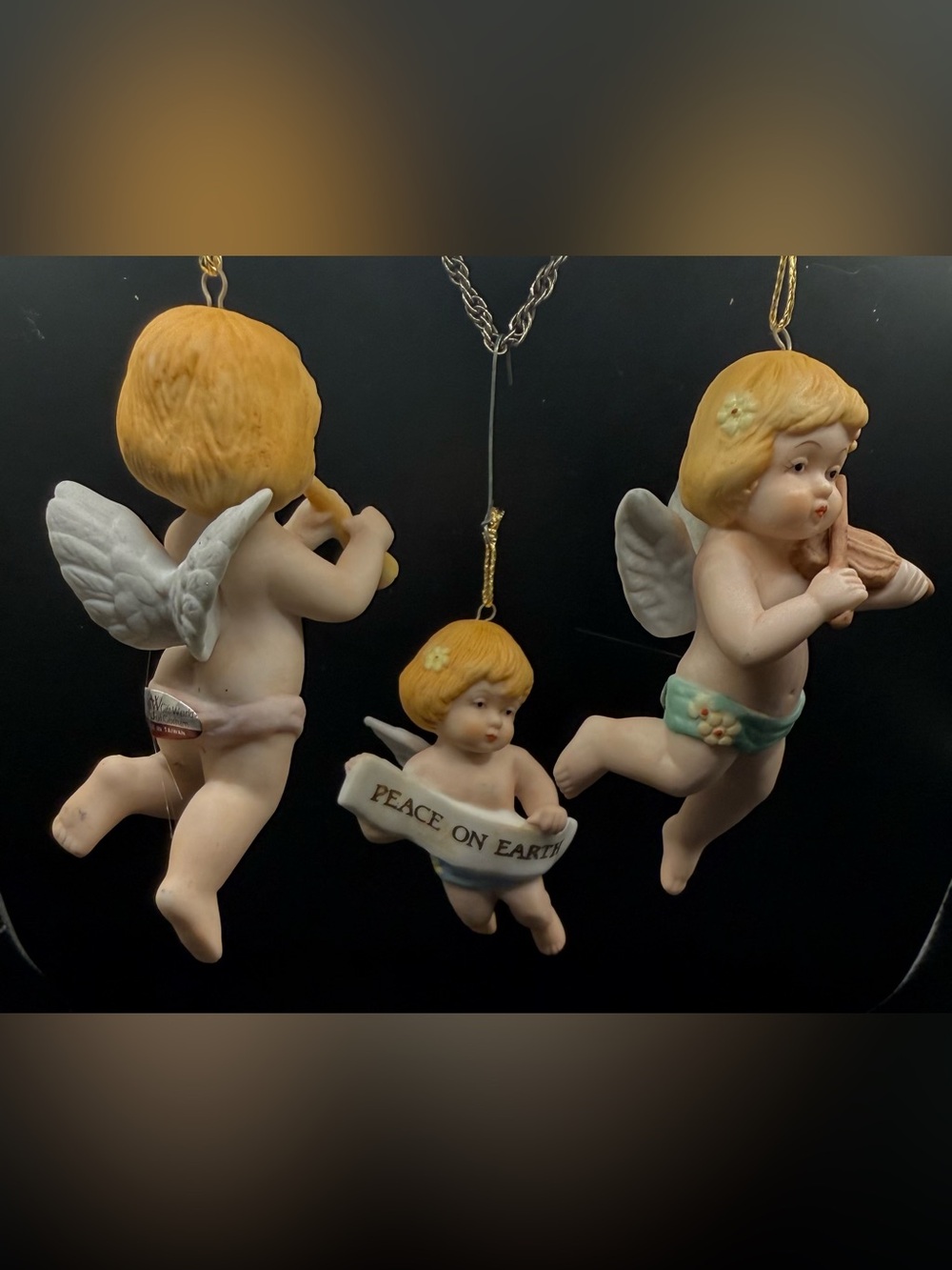 Vintage Gorham Bisque Porcelain Cherub
Angel Ornaments Set of 3 “Peace on Earth”
